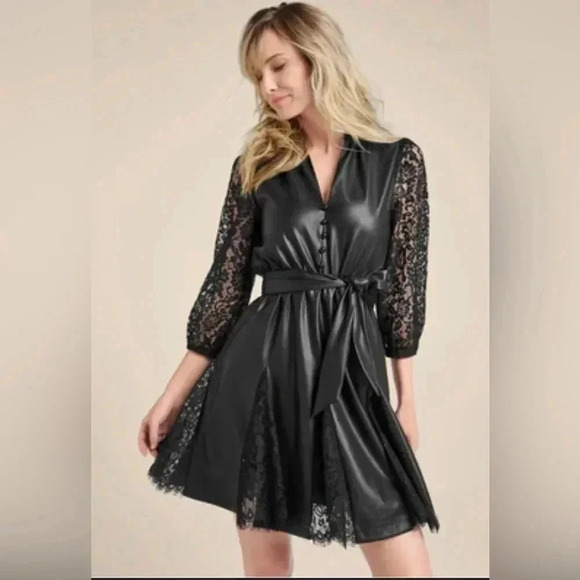 Faux Leather Black Lace Dress - Picture 1 of 15